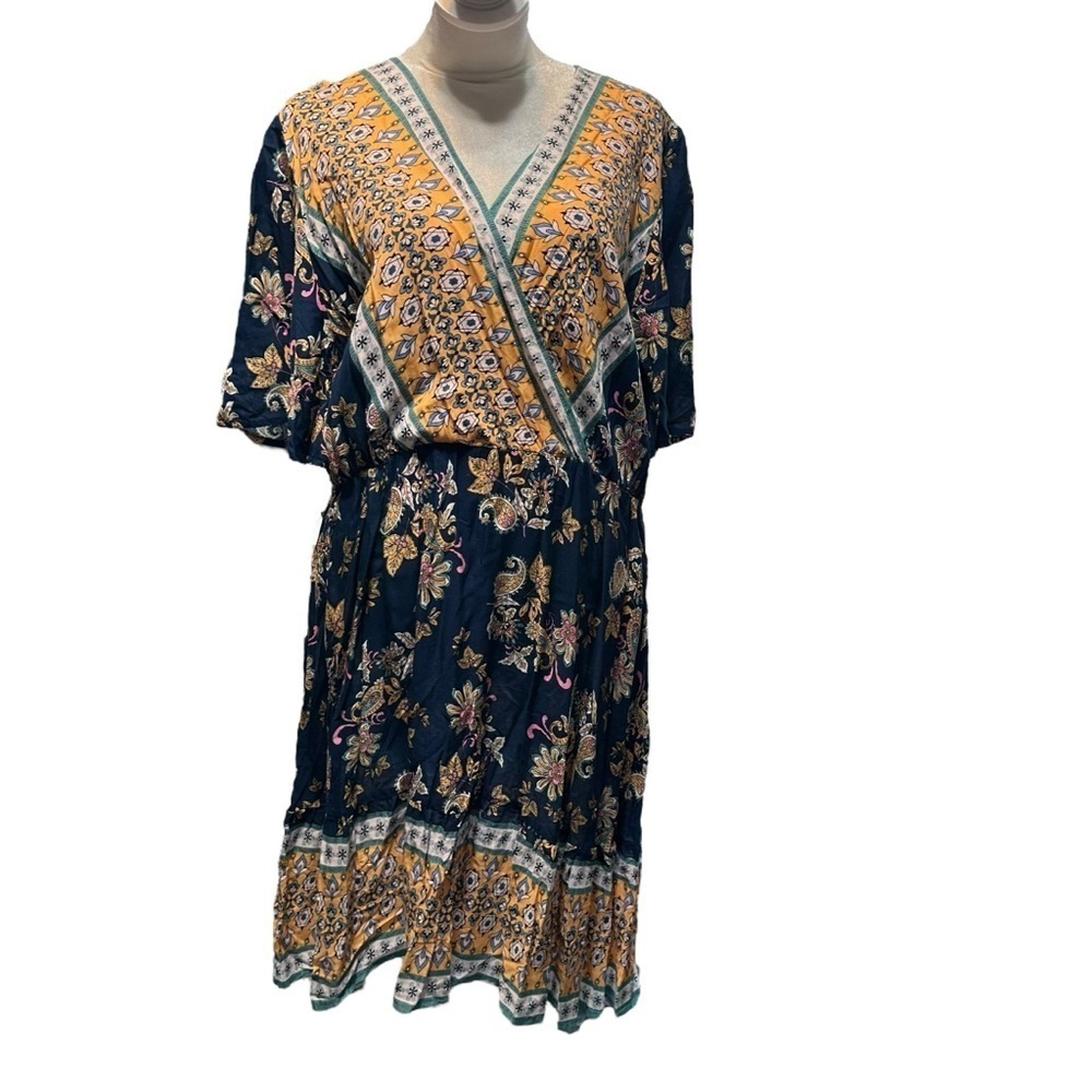 Shein Curve women's size XL blue and yellow v neck boho midi dress